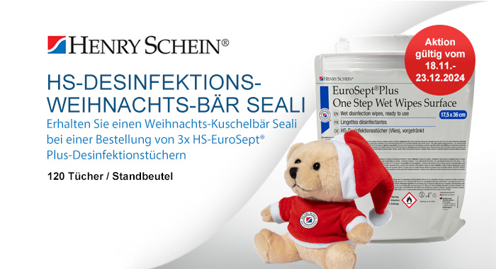 Erhalten Sie einen Weihnachts-Kuschelbär Seali bei einer Bestellung von 3x HS-EuroSept® Plus-Desinfektionstüchern